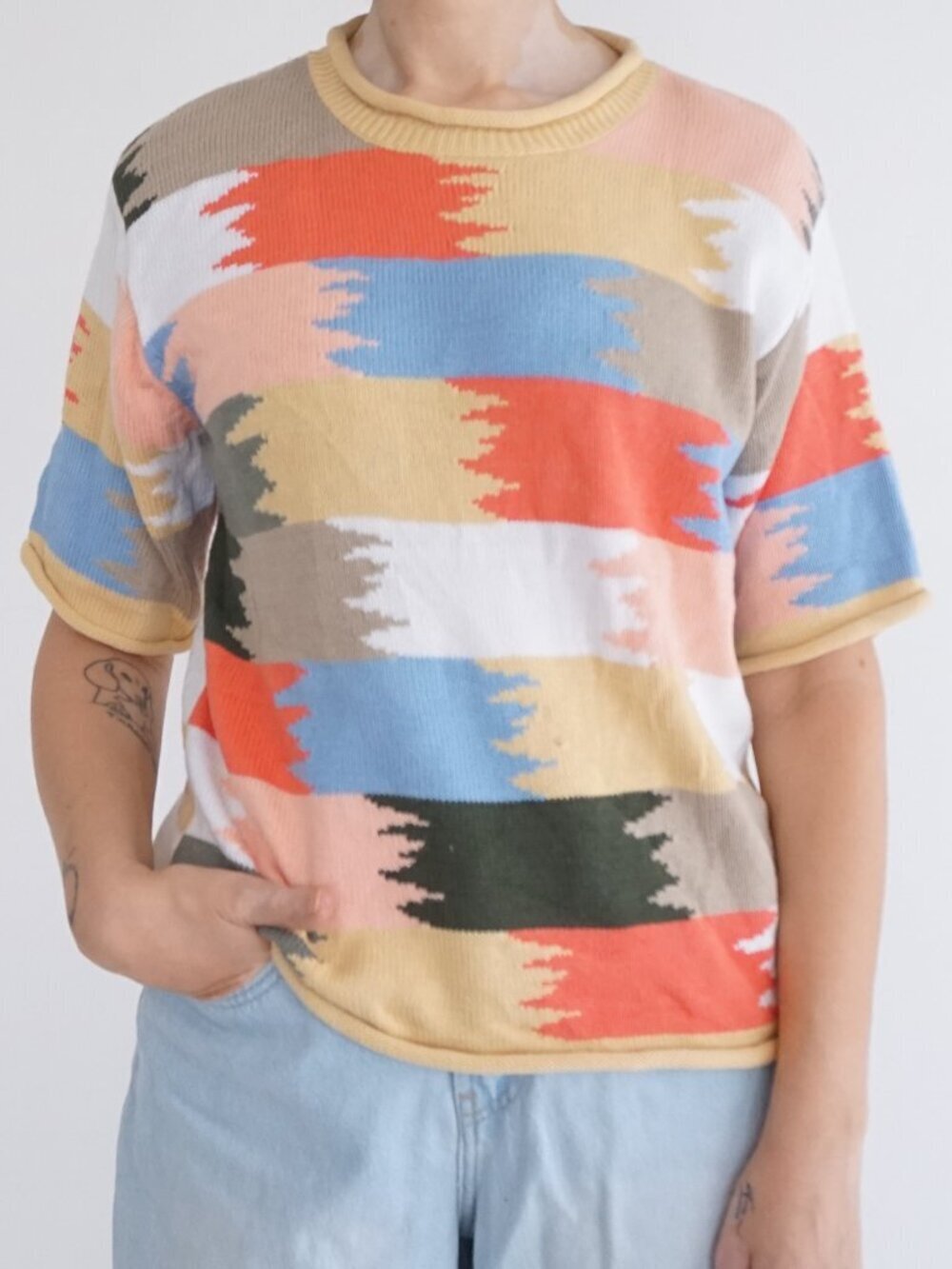 Vintage Christopher Banks Pastel Abstract Preppy Short Sleeve Knit Sweater M